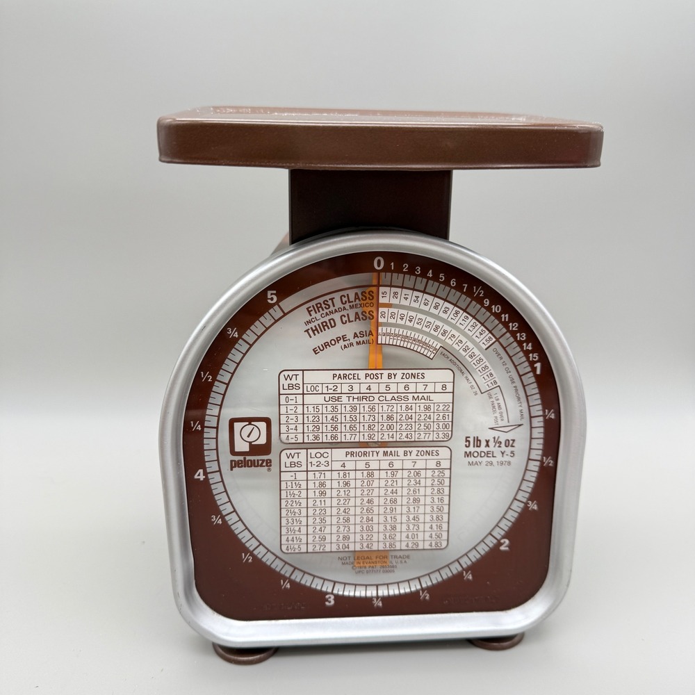Vintage Pelouze Model Y-5 Postal Scale 5lb Brown Metal 1978 Evanston IL USA